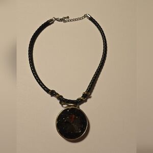 Black Faux Leather Necklace with Round Charm Excellent Used Condition No Box